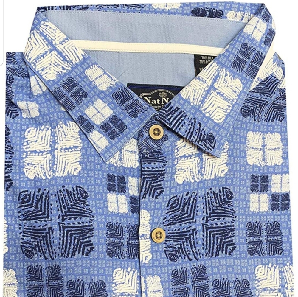 Nat Nast Ocean Blue Short Sleeve Silk Blend Shirt